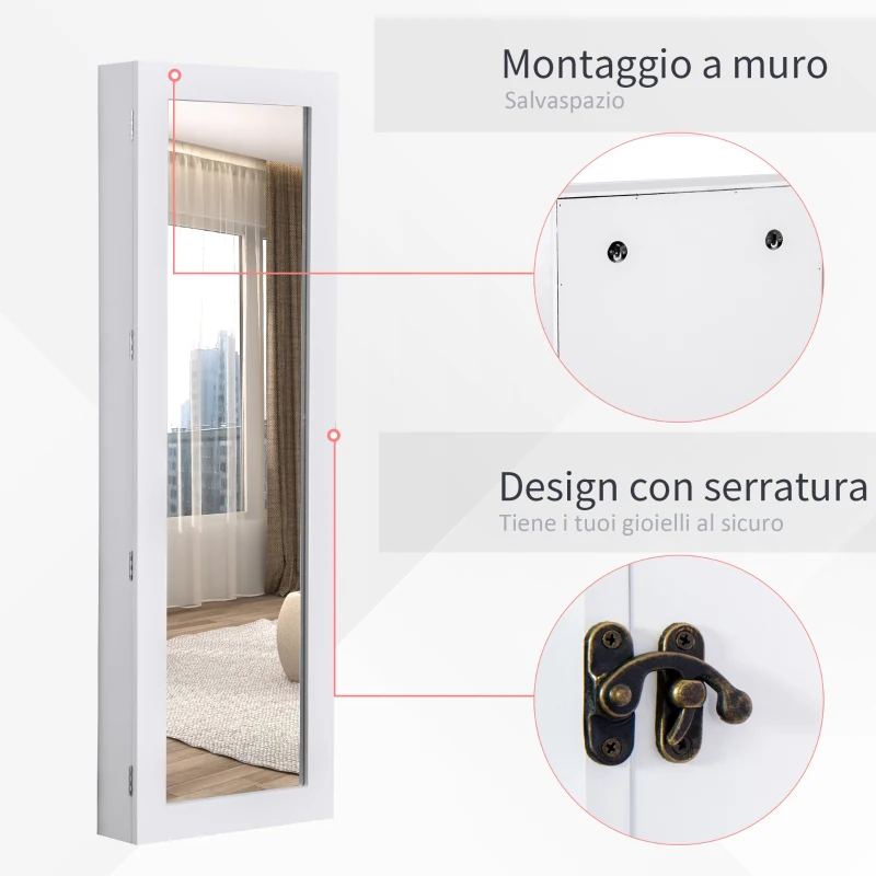 HOMCOM Specchio Portagioie da Parete con Ganci e Scompartimenti in Legno, Armadietto Portagioie con Specchio per Orecchini, Collane e Anelli, 37x9.5x112 cm, Bianco