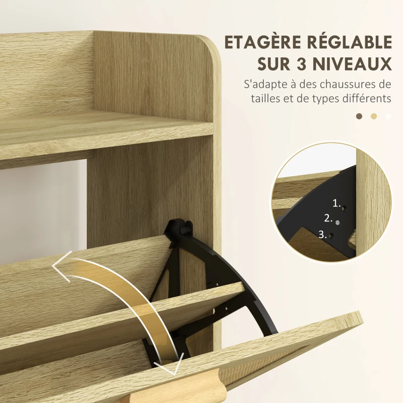 HOMCOM Meuble à chaussures 2 portes abattants étagère effet rotin tissé design bohème - dim. 80L x 24,5l x 110H cm
