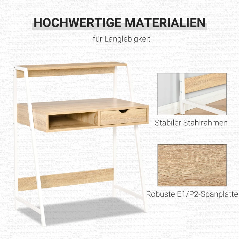 HOMCOM Schreibtisch Bücherregal Computertisch Bürotisch mit Schublade und Regal großer Stauraum E1-Spanplatte Metallrahmen Natur 80 x 50 x 100 cm