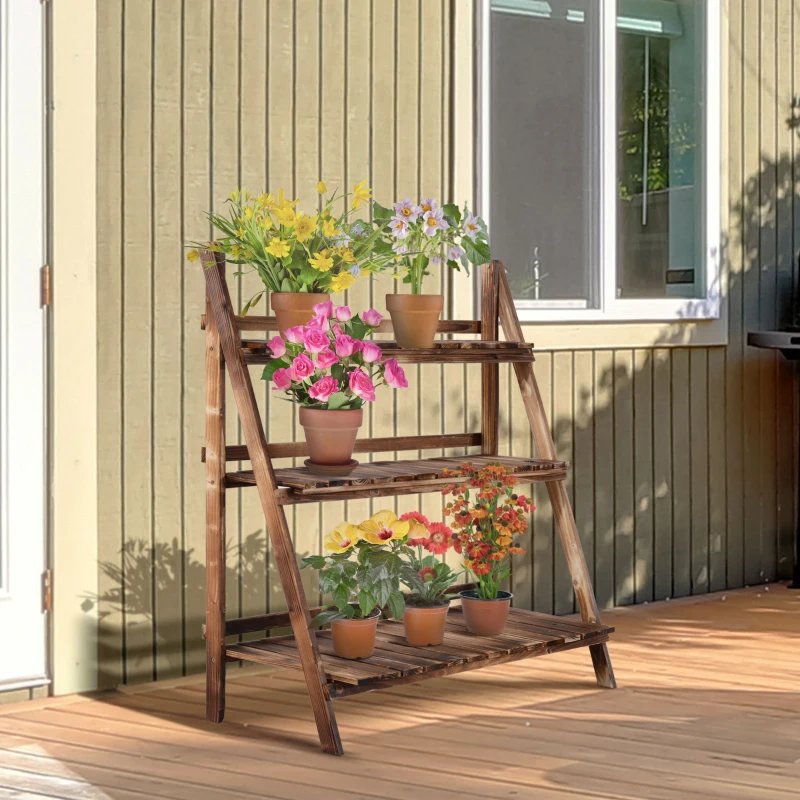 Outsunny 3-Etagen Pflanzenständer, klappbarer 93 cm hoch Blumenständer für Innen Außen, Pflanzenregal aus Holz, Blumentopfständer mit Tabletts, Blumentreppe für Wohnzimmer, Garten Balkon, Dunkelbraun