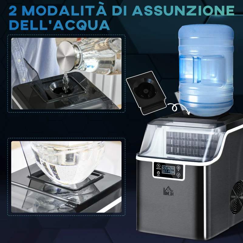 HOMCOM Macchina per Ghiaccio 20kg in 24 Ore, 24 Cubetti in 14-18 Minuti e Sistema Autopulente, Nero