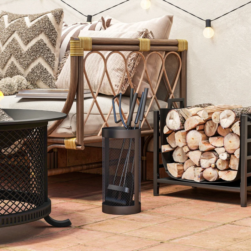 Outsunny Kaminbesteck, 5-teilig, Besen, Schaufel, Zange, Schürhaken und Korb, feuerfestes Metall, Schwarz