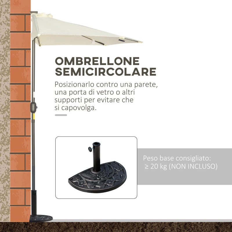 Outsunny Ombrellone Semicircolare con Manovella, 20 Luci LED e Pannello Solare, 265x135x240 cm, Beige