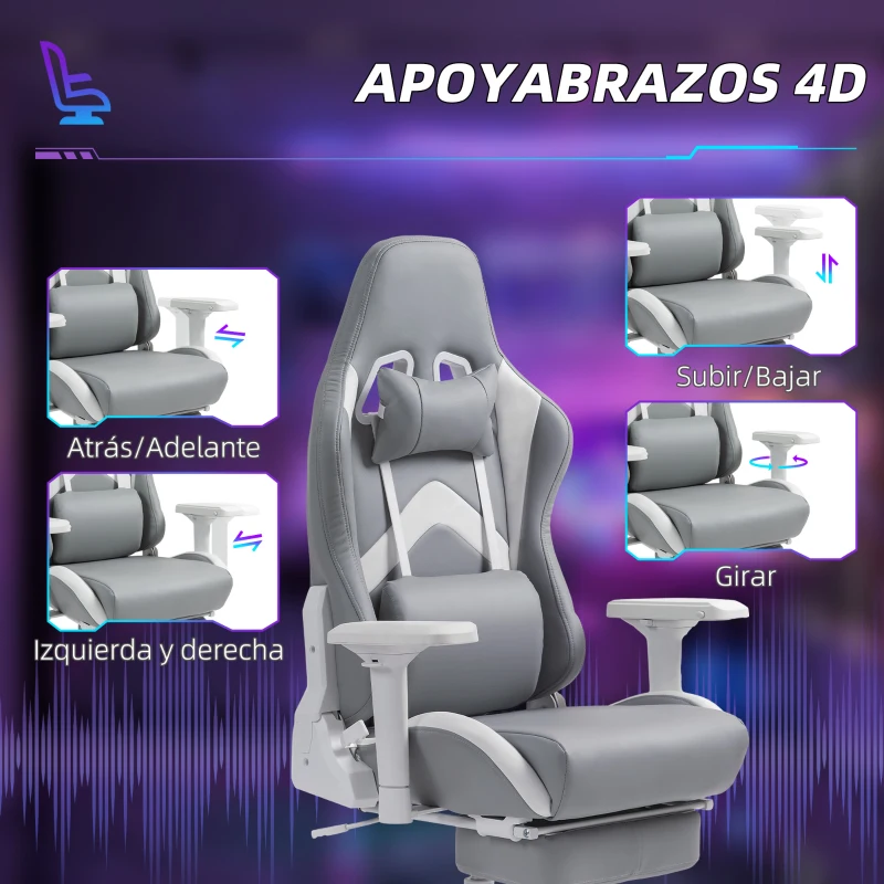 HOMCOM Silla Gamer Reclinable con Altura Ajustable Reposapiés Retráctil Soporte Lumbar y Reposacabezas Gris Claro y Blanco