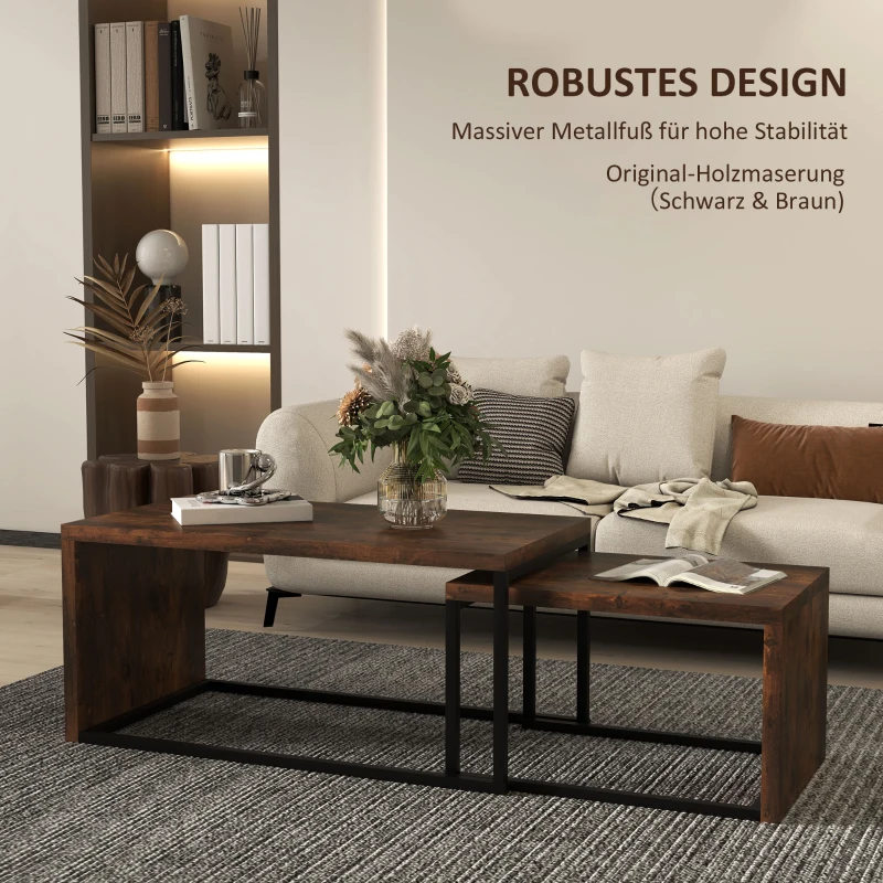 HOMCOM 2er-Set Couchtisch, Sofatisch, Beistelltisch, MDF, Metall, 90 x 48 x 42 cm/59 x 42 x 36 cm, Schwarz+Braun(m-5)