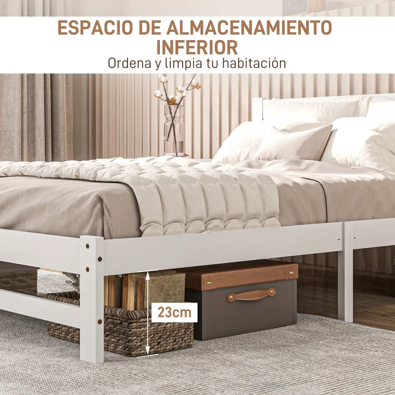 HOMCOM Marco de Cama de Madera 195x141 cm Estructura de Cama Doble para Colchón de 135x190 cm (no incluido) Carga 300 kg Blanco