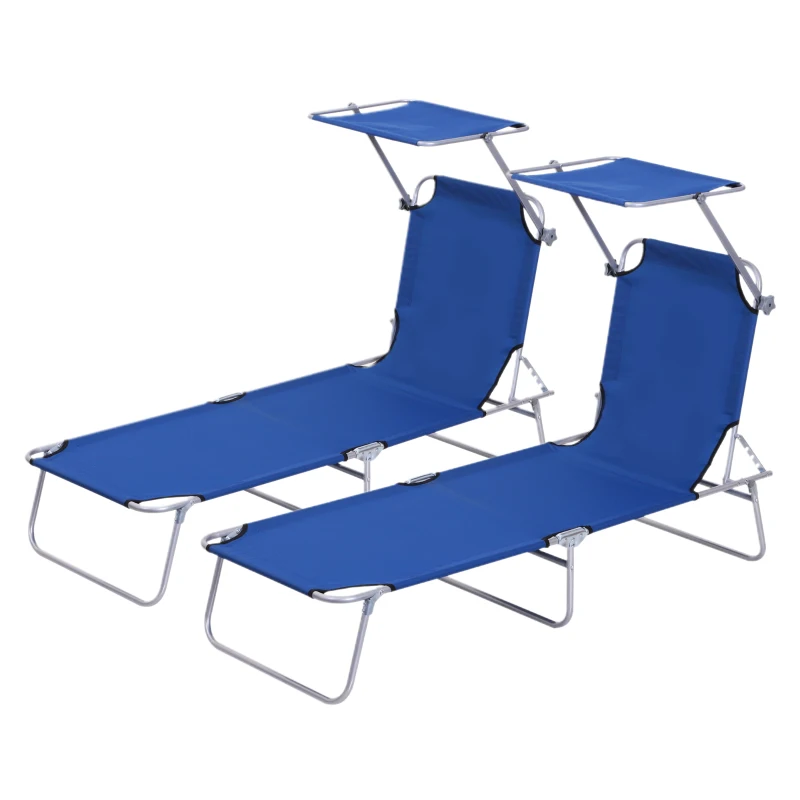 Outsunny 2 Pieces Outdoor Foldable Sun Lounger, 4 Level Adjustable Backrest Reclining Sun Lounger Chair with Angle Adjust Sun Shade Awning for Beach, Garden, Patio, Blue