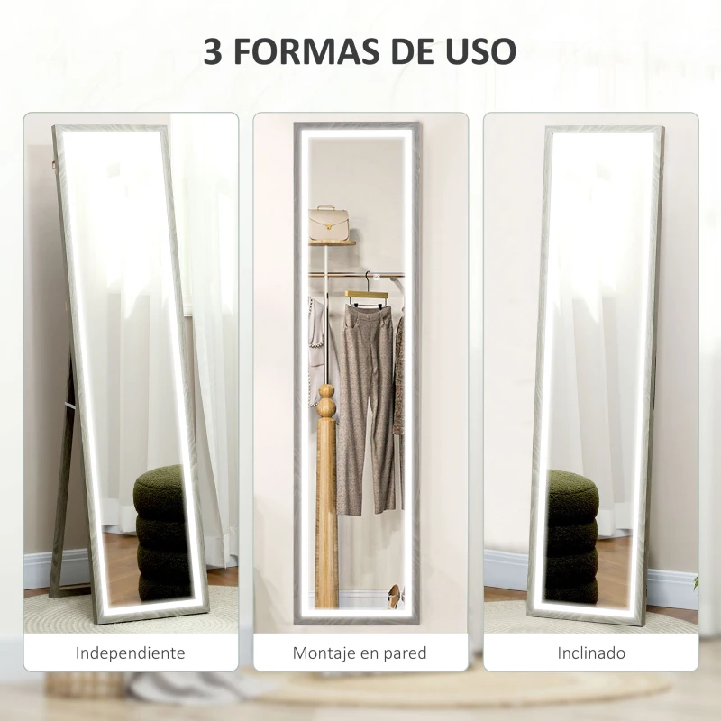 HOMCOM Espejo de Cuerpo Entero con Luz LED 160x40 cm con Iluminación de 3 Colores Táctil Inteligente Función de Memoria Gris