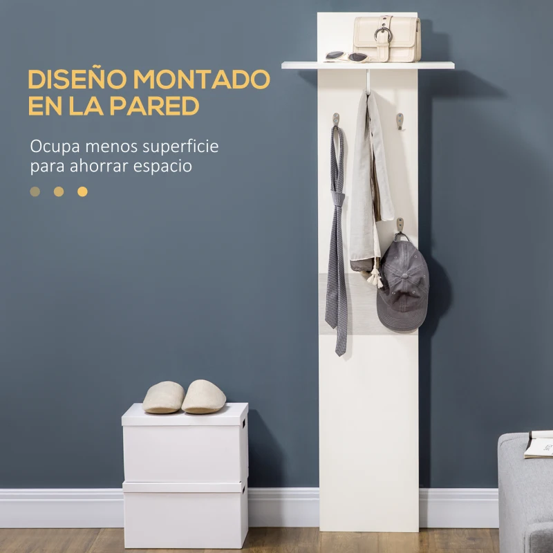 HOMCOM Perchero de Pared con 4 Ganchos y Estante con Barra de Aluminio para Entrada Pasillo 50x23,5x160 cm Blanco