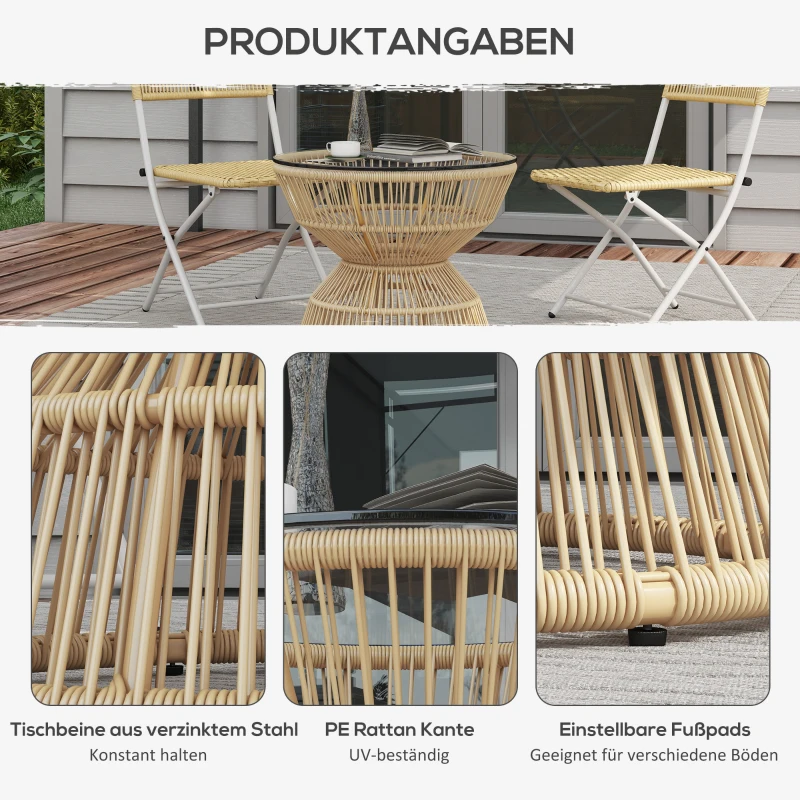 Outsunny Outdoor-Beistelltisch Gartentisch Rattan-Beistelltisch, Glasplatte, PE-Rattan, 60 cm x 60 cm x 50 cm, Natur