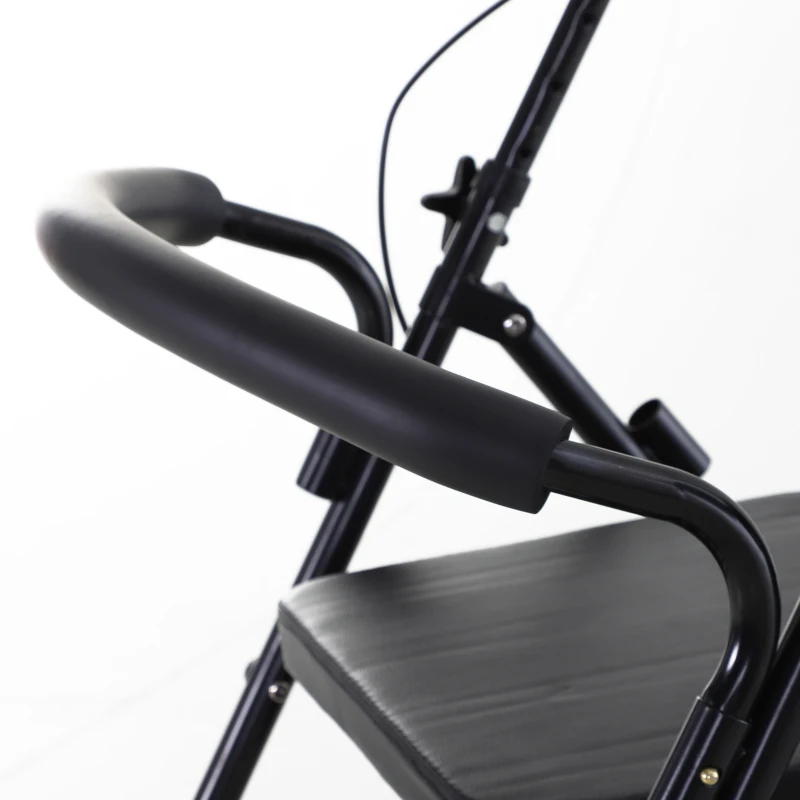 HOMCOM Déambulateur 4 roues - déambulateur pliable léger - assise + dossier rembourré - poignées ergonomiques, freins à main - panier rangement - cale-pied - métal noir