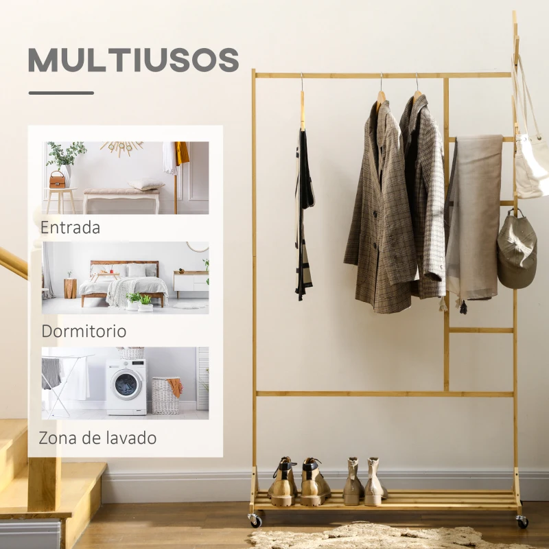 HOMCOM Perchero de Pie de Madera de Bambú con Ruedas Colgador Multifuncional con 6 Ganchos Barra y Estante 100x37x191 cm Natural