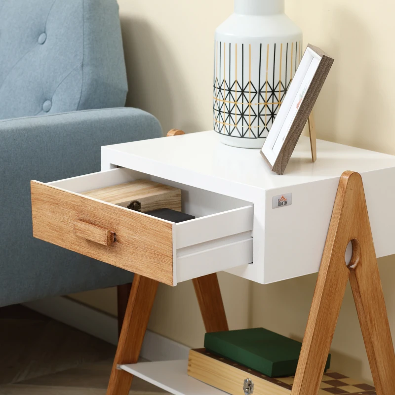 HOMCOM Beistelltisch im Skandi-Design 1 Schublade 1 Ablage MDF Weiß + Braun