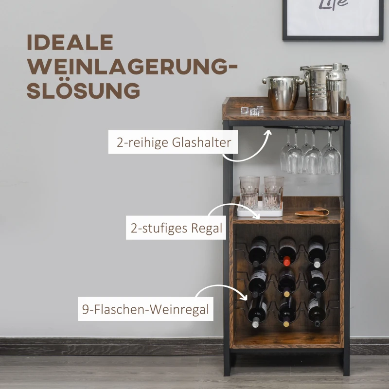 HOMCOM Weinregal 9 Flaschen-Weinschrank Flaschenregal mit 2 offenen Regalen und Glashalter Schwarz+Braun 52 x 40 x 113 cm