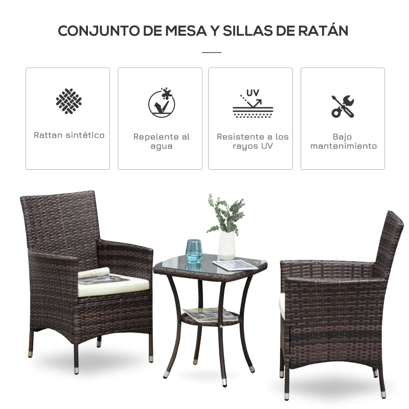 Outsunny Conjunto de Muebles para Jardín Juegos de Muebles de Ratán Incluye 1 Mesa y 2 Sillones con Cojines Estructura de Metal para Terraza Patio Marrón