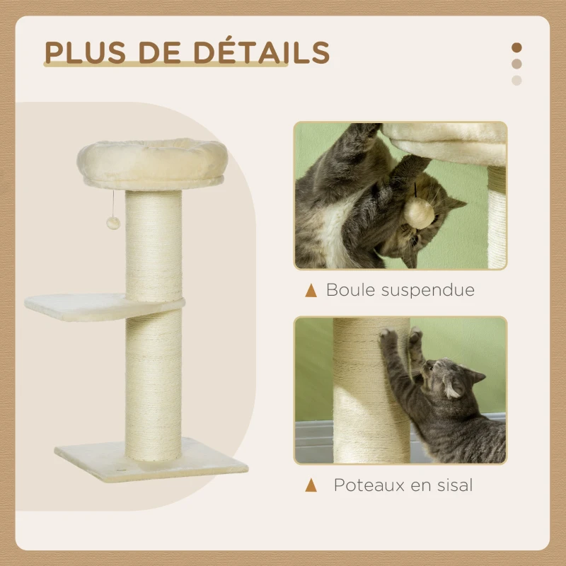PawHut Arbre à chat griffoir sisal naturel 2 plateforme panier observation jeu boule suspendue peluche beige