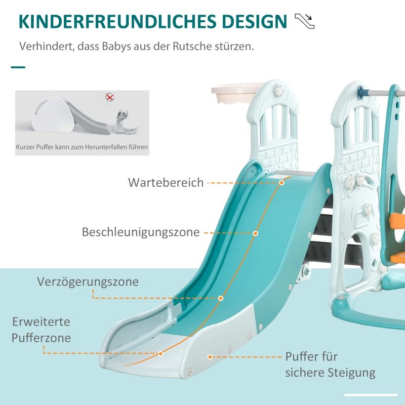 HOMCOM 3 in 1 Kinderrutsche Kinderschaukel Set Spielturm für Kinder 18 bis 48 Monaten Kinder Spielplatz mit Basketballkorb HDPE PP Blaugrün+Gelb 149 x 186 x 98 cm