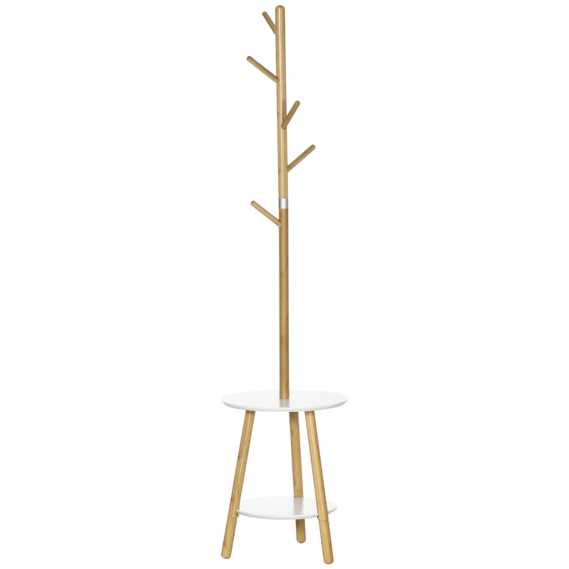 HOMCOM Appendiabiti da Terra per Ingresso in MDF e Alluminio con 5 Ganci in Bambù e Tavolino Rotondo, 39.5x39.5x171 cm