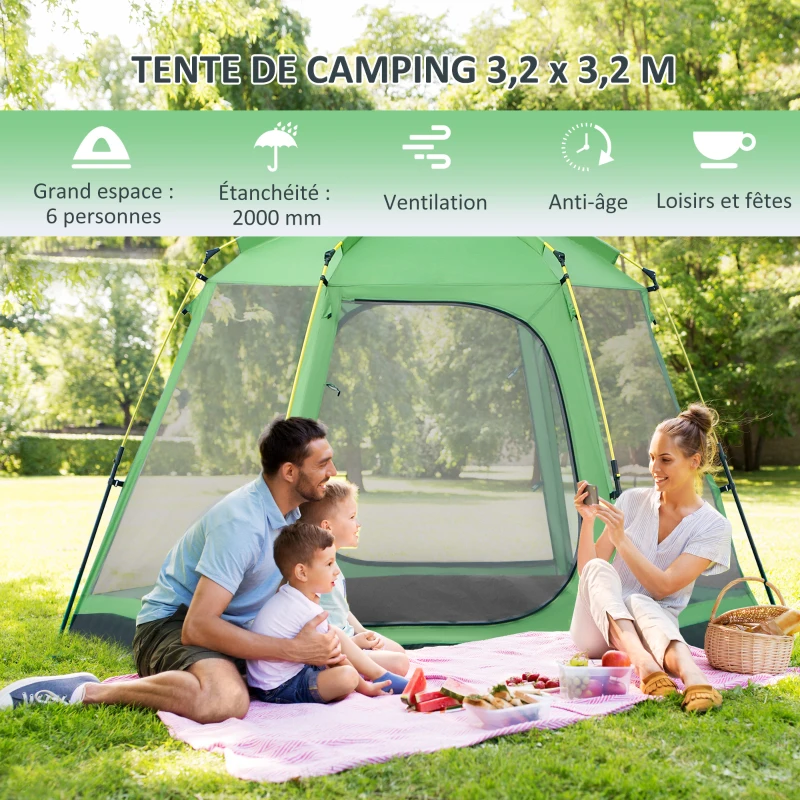 Outsunny Tente de camping familiale 6 personnes Pop-up tente dôme légère ventilée facile à monter 4 fenêtres 2 portes dim. 320L x 320l x 176H cm fibre verre polyester vert gris