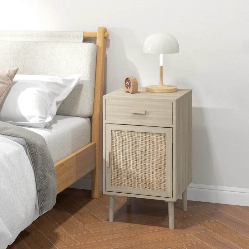 HOMCOM Juego de 2 Mesitas de Noche Mesillas de Noche con Cajón de Ratán y Estante Ajustable 40x40x68,5 cm Roble
