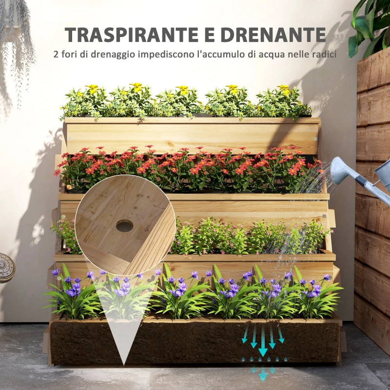 Outsunny Fioriera Rialzata a 4 Livelli con Fori di Drenaggio e Tessuto non Tessuto, in Legno di Abete, 75x57x60.5 cm