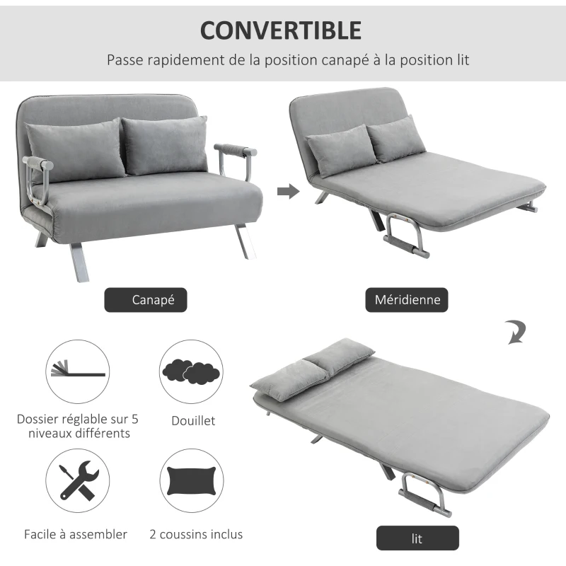 HOMCOM Canapé-lit 2 places, fauteuil convertible avec dossier réglable en 5 positions, chaise longue avec 2 coussins inclus, canapé en revêtement aspect suède déhoussable, 111x80x78cm, gris clair