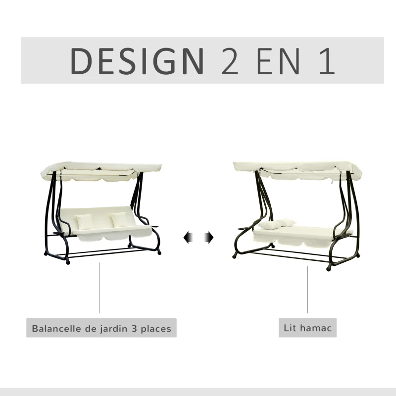 Outsunny Balancelle de Jardin 3 Places Convertible Toit Inclinaison réglable 2 tablettes Support 2L x 1,2l x 1,64H m métal époxy Noir Polyester crème