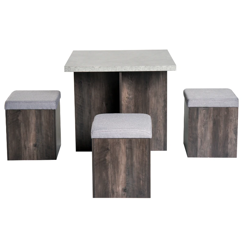 HOMCOM Essgruppe Esstisch Set mit 4 Hockern Sitzgruppe 5-tlg. Esszimmer mit Stauraum Grau 78 x 78 x 76cm