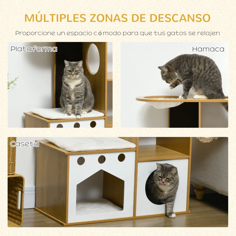PawHut Árbol Rascador para Gatos de Madera para Gatos con 2 Cuevas Rascador Hamaca y Cojines de Felpa 76x37x92,5 cm Roble