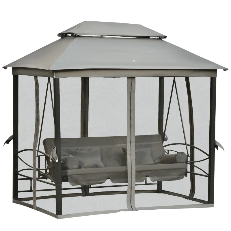 Outsunny Dondolo da Giardino 3 Posti Lettino e Gazebo Design 3 in 1 con Tettuccio, 256x172x248 cm, Grigio Scuro