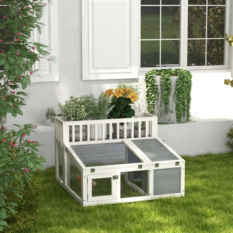 PawHut Clapier, cage à lapin en bois avec étagère pour plantes grand espace en bois, plusieurs portes Dim. 94L x 90l x 60H cm