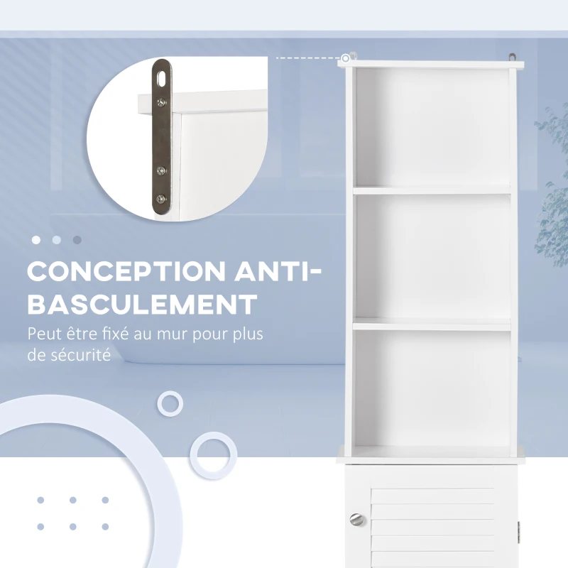 HOMCOM Meuble Colonne Salle de Bain 3 niches Placard Porte persienne 3 étagères MDF Panneaux de Particules Blanc