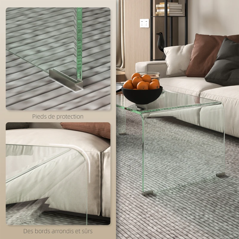 HOMCOM Table basse en verre table de salon rectangulaire design moderne en verre trempé avec bords arrondis sûrs transparent