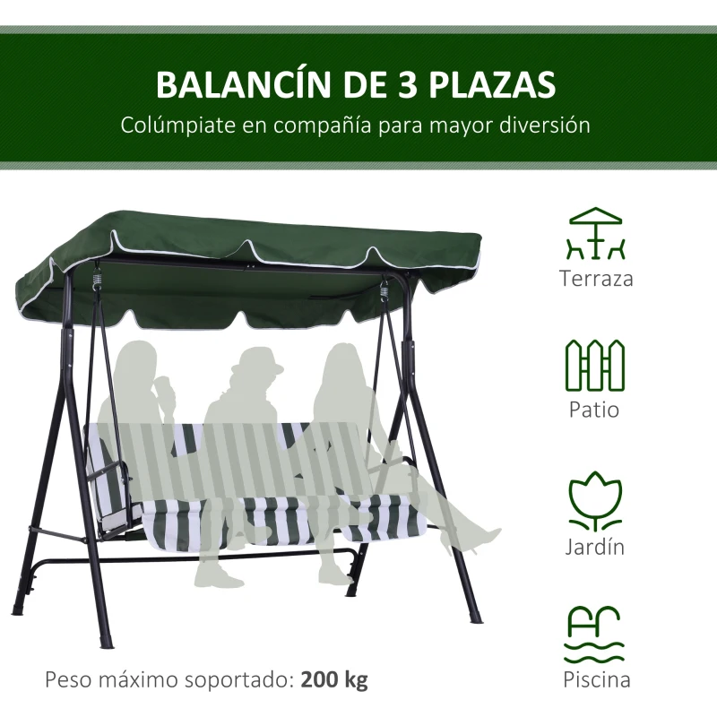 Outsunny Columpio de Jardín de 3 Plazas Silla Balancín con Parasol Techo Ajustable en Ángulo Impermeable para Exterior Terraza Balcón Carga Máx. 200 kg Acero 172x110x153 cm Verde