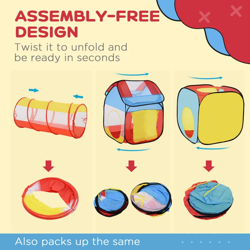 HOMCOM 3 in 1 Pop Up House Tent Play Tunnel Set Toddlers Crawl Tunnel Kids Playhouse Indoor Outdoor Garden Use Multicolor 230 x 70 x 89 cm