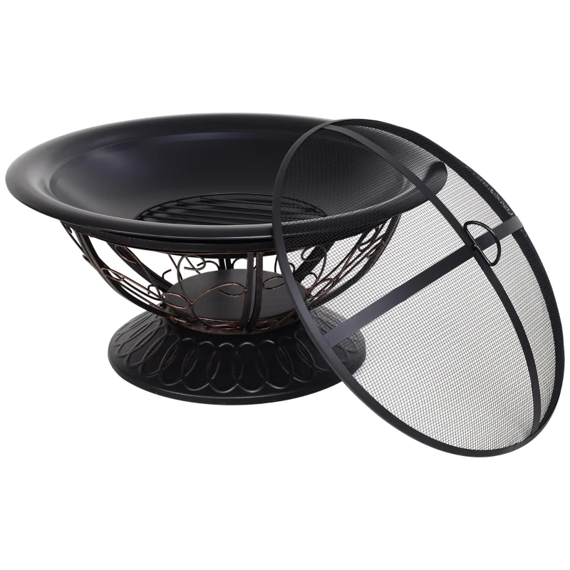 Outsunny Metal Large Firepit Bowl Outdoor Round Fire Pit Brazier w/ Lid, Log Grate, Poker, Elegant Scrolls for Backyard, Camping, Bonfire, Wood Burning Stove, 76 x 76 x 50cm, Black