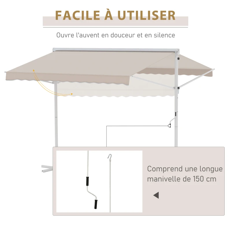 Outsunny Store Double Pente 3 x 3 m Manuel rétractable Inclinaison réglable Acier époxy Blanc Polyester imperméabilisé Anti-UV Beige