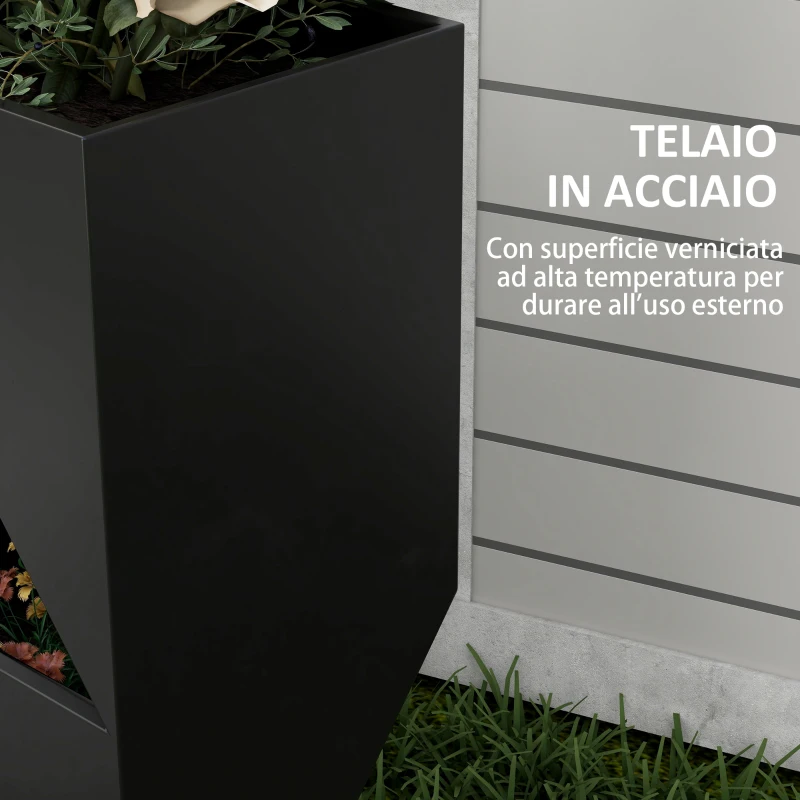 Outsunny Fioriera da Esterno con 3 Aree di Coltivazione e Fori di Drenaggio, in Metallo Nero, 30x30x100 cm