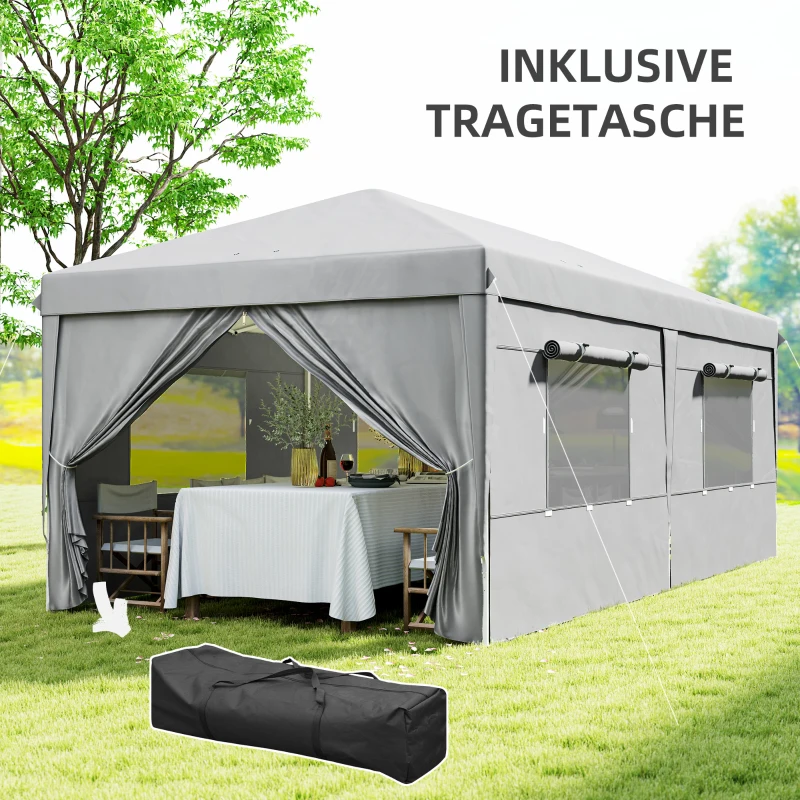 Outsunny 3 x 6 m Pop-up-Pavillon mit Seitenwänden und Tragetasche, UPF50+ höhenverstellbares Gartenzelt, Hellgrau