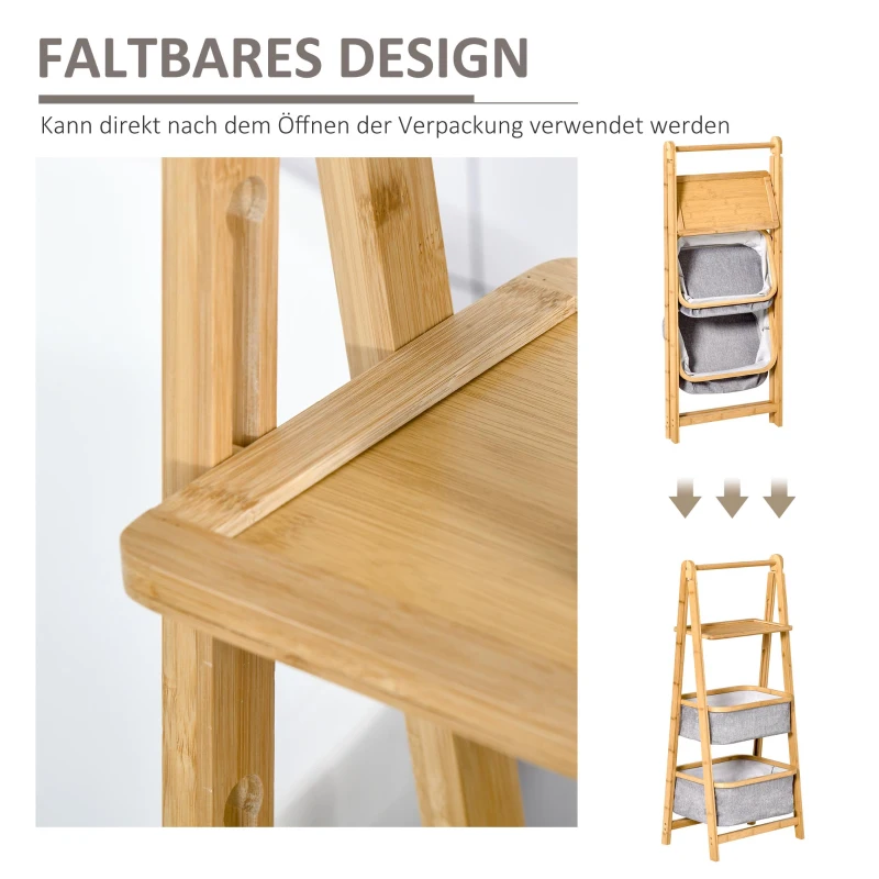 HOMCOM Standregal Badezimmerregal Bambusregal 3-stufiges Büroregal Lagerregal Aktenregal Küchenregal faltbar Perfekt für das Wohnzimmer Küche Bad Büro Bambus Polyester Natur+Grau 44,5x33x108 cm