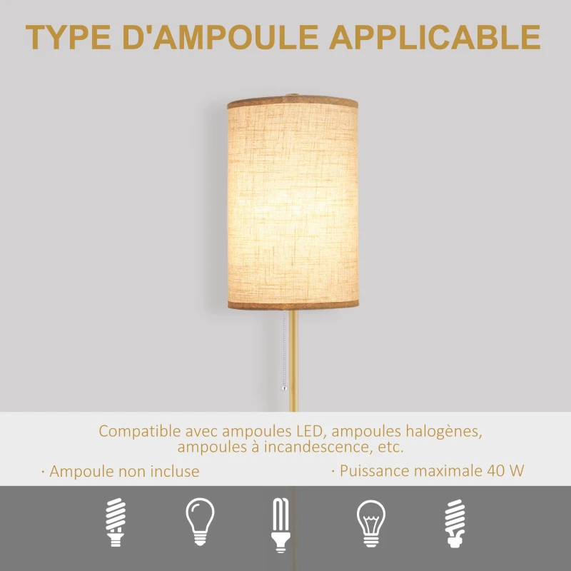 HOMCOM Lampadaire design 40 W max. piètement mât acier doré abat-jour lin crème dim. 25,5 x 25,5 x 157 cm doré et beige