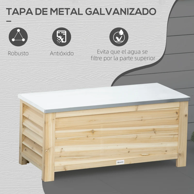 Outsunny Baúl de Almacenaje Exterior de Madera con Tapa de Metal Galvanizado y Diseño con Listones 110x50x50 cm Madera Natural