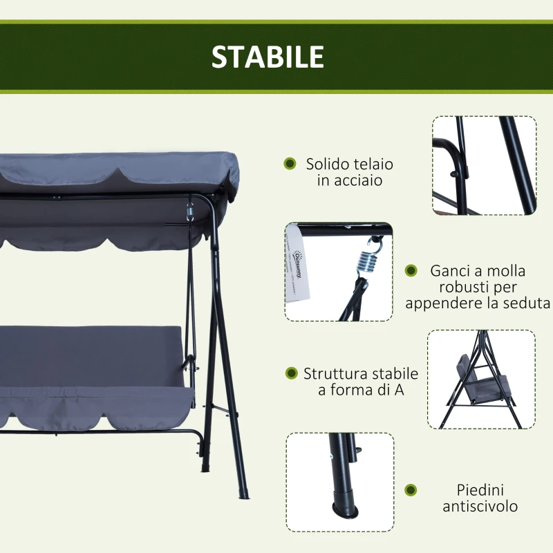 Outsunny Dondolo da Giardino a 3 Posti con Tettuccio Parasole Inclinabile in Acciaio 172 × 110 × 153cm Grigio