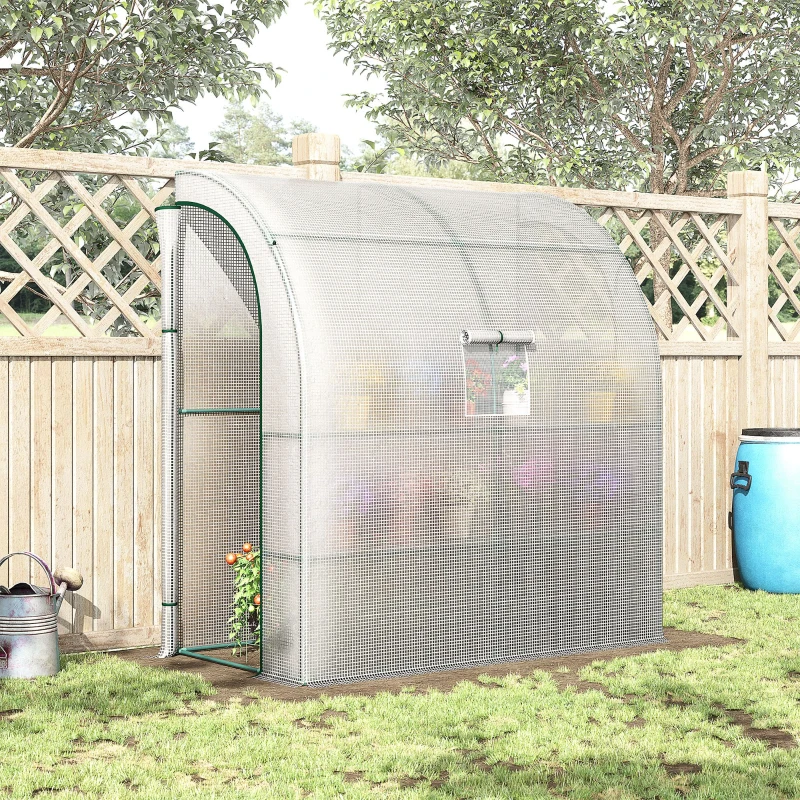 Outsunny Walk-In Lean to Wall Greenhouse with Windows and Doors, Outdoor Green House with 3 Tiers 4 Wired Shelves, 200L x 100W x 215Hcm, White