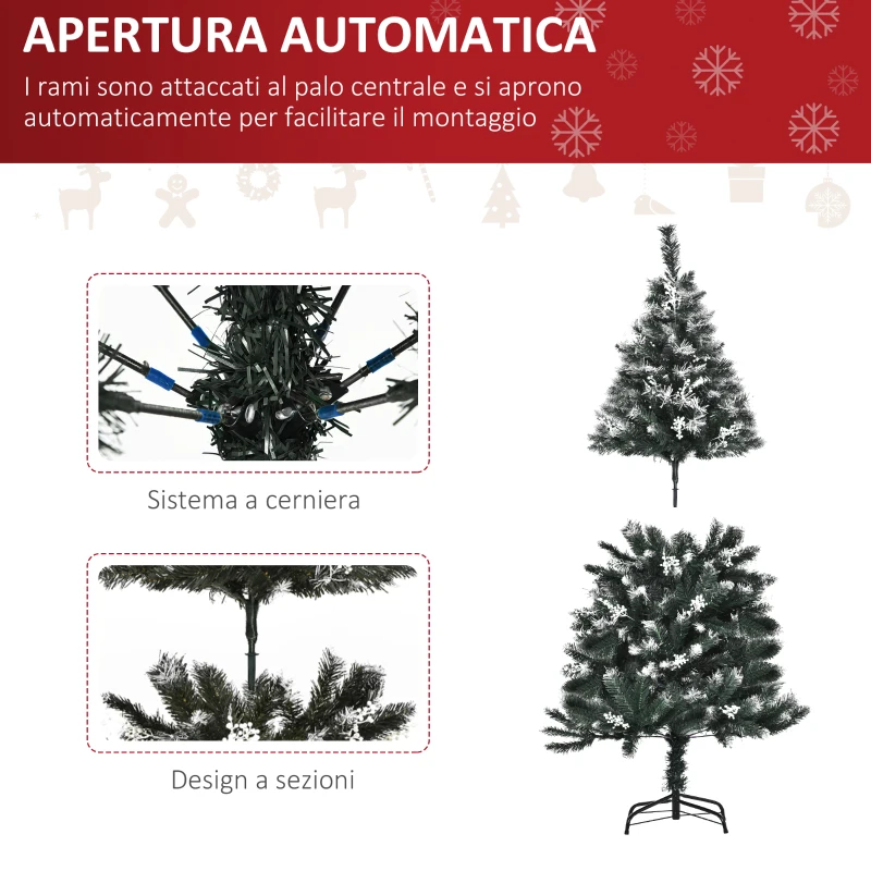 HOMCOM Albero di Natale Innevato 150cm con Bacche Decorative Bianche, Base Rimovibile Pieghevole, 378 Rami, Verde