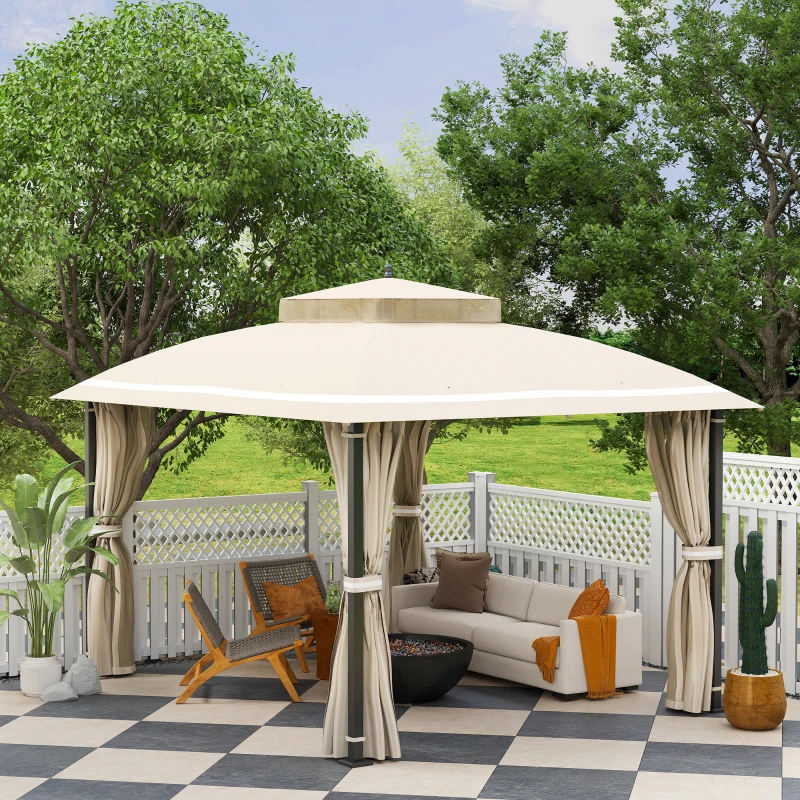 Outsunny Gazebo da Giardino 3.7 x 3 m con Zanzariera, Tende Laterali e Doppio Tetto, Beige