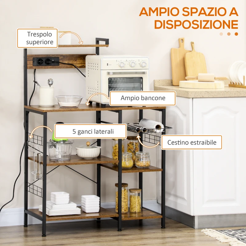 HOMCOM Scaffale Cucina Multipresa per Microonde con Ripiani e Cestino a Rete, 90x42x130cm, Marrone