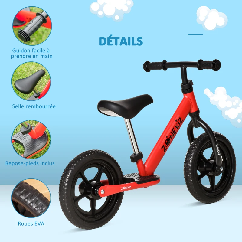 HOMCOM Draisienne Enfant Vélo Sans Pédales pour Enfants de 3 à 5 ans Roues 12" EVA Hauteur Selle et Guidon réglable cale-Pied antidérapant Acier Rouge Noir