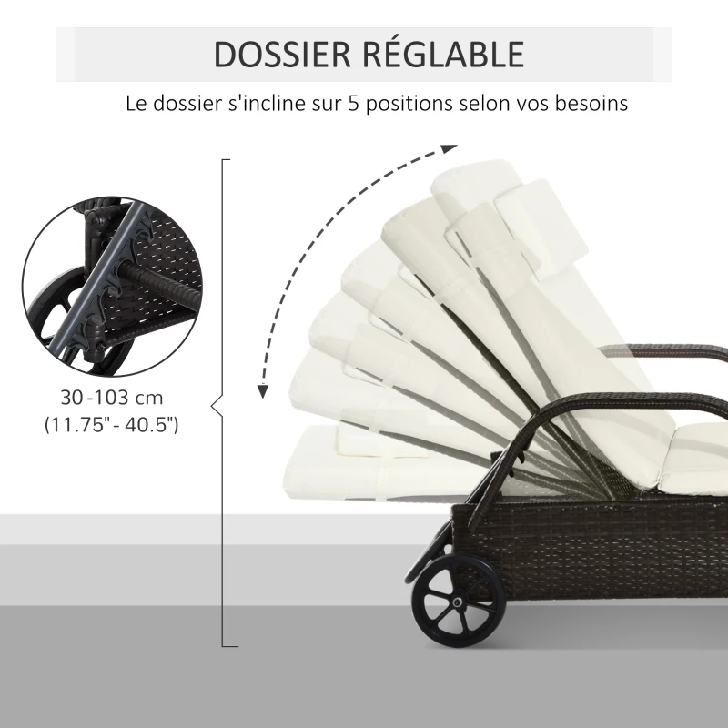 Outsunny Transat bain de soleil grand confort : matelas, têtière, inclinaison réglable multipositions, accoudoirs, roulettes résine tressée marron foncé