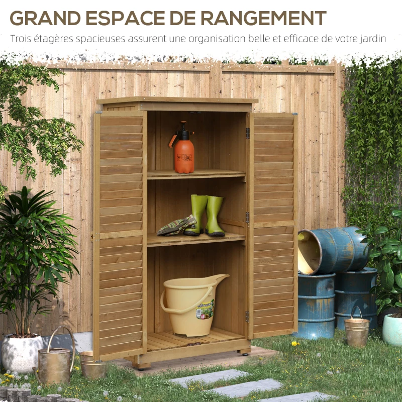 Outsunny Armoire de jardin remise pour outils en bois 2 étagères toit bitumé portes persiennes 87 x 47 x 160 naturel